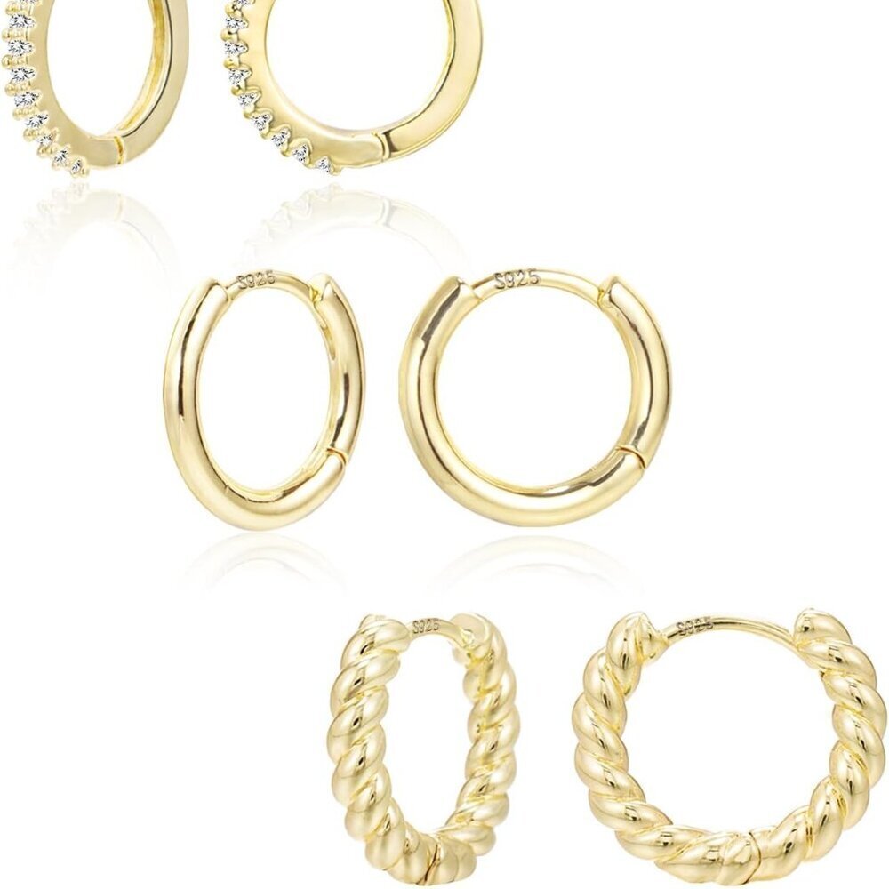 3 Pairs Gold Huggie Hoop Earrings Set Small Dainty Cubic Zirconia Hypoallergenic